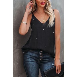 Black Pearls Décor V Neck Spaghetti Strap Tank Top