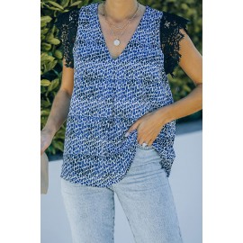 Blue Print Lace Shoulder Tank Top