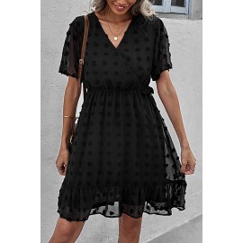 Black Wrap V Neck Swiss Dot Mini Dress with Ruffles