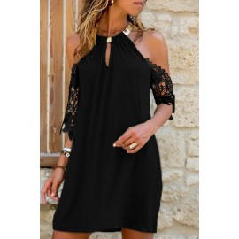 Black Halter Neck Keyhole Cold Shoulder Lace Sleeve Shift Mini Dress