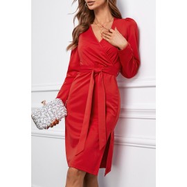 Red V Neck Long Sleeve Belted Side Split Bodycon Dress