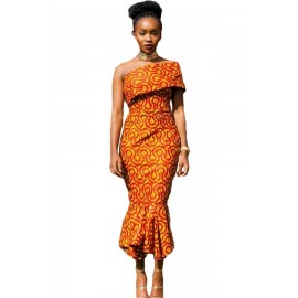 Single Shoulder Mermaid Hem Africa Print Dress