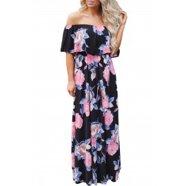 Flower Print Black Grounding Off Shoulder Long Boho Dress