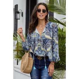 Blue Floral Vintage V Neck Blouse